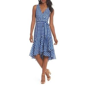 Eliza J. High Low Blue White Plaid V-Neck Wrap Belted Ruffle Midi Dress 2 (b6)